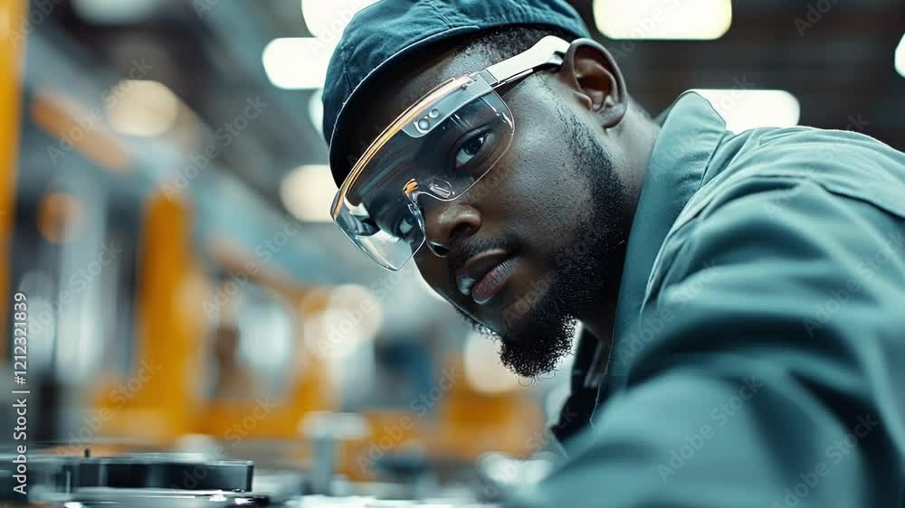 Poster a detail shot of an assembly line worker wearing augmented reality glasses with overlays of instruct