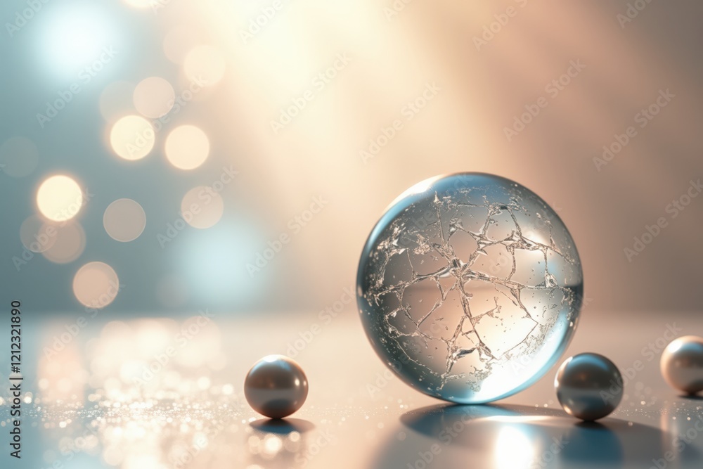 Poster elegant glass sphere with intricate light reflections and surrounding pearls captured in soft focus,