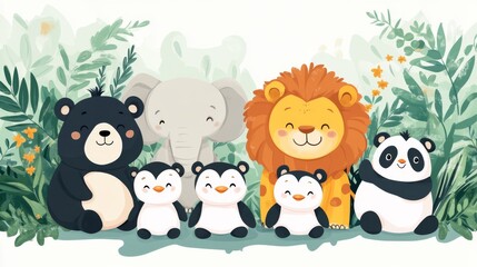 Naklejka premium An Adorable baby animals playful cute elephant tiger lion penguin bear cartoon illustration animal wildlife fauna zoo safari jungle nature happy