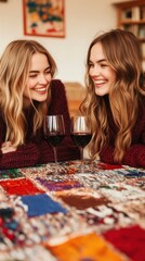 Fototapeta premium Two smiling women enjoy red wine together over a colorful, patterned tablecloth in a cozy indoor setting.