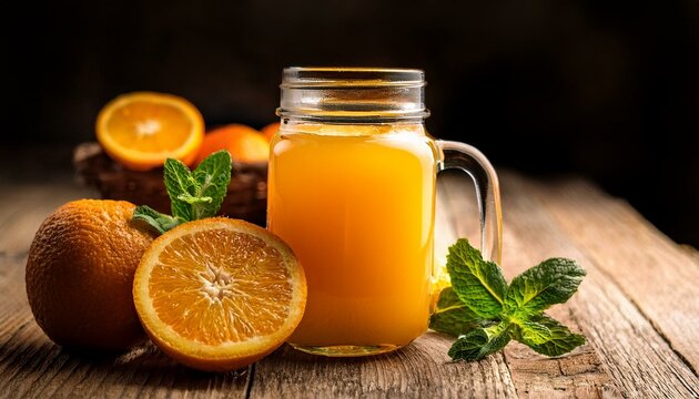 freshly made orange juice in a jar with mint on a rustic table