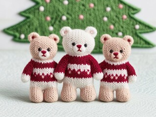 Fototapeta premium Three knitted teddy bears in sweaters, set against a festive backdrop.