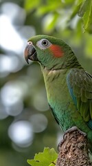 A vibrant green parrot displays its colorful feathers in a tropical rainforest with stunning details and a serene background