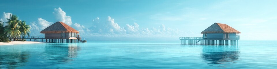 Fototapeta premium Maldives Serenity, tranquil turquoise waters, overwater bungalows, clear skies, gentle waves, idyllic tropical paradise scene