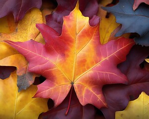 Fototapeta premium Vibrant red and yellow autumn maple leaf among others.