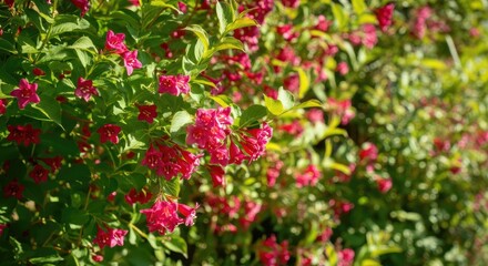 Lush green bush with abundant pink flowers in sunny weather