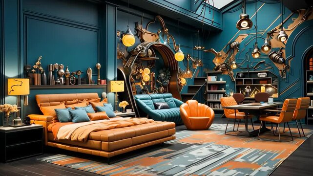 Modern House interior studio bed and sofa background.