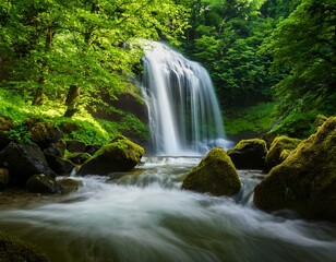 Obraz premium waterfall cascades in a green forest