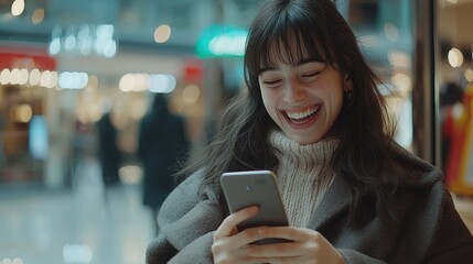 Fototapeta premium Joyful Young Woman Using Smartphone in Shopping Mall