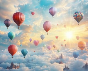 Fototapeta premium A vibrant sky filled with colorful hot air balloons floating over a dreamy cloud landscape.