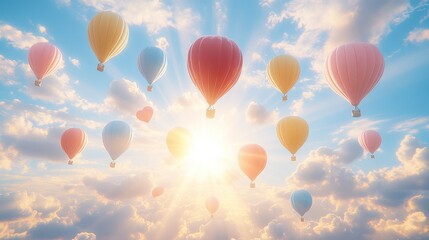 Fototapeta premium A serene sky filled with colorful hot air balloons rising towards the sun.