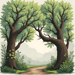 Naklejka premium A Path Through the Trees: A winding path leads through a verdant forest, framed by two majestic oak trees. The lush greenery evokes a sense of peace and tranquility.