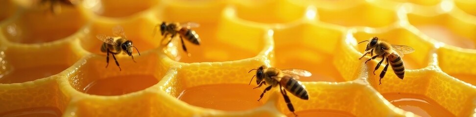 Naklejka premium Honeycomb cells with bees emerging from honey, insect life, apiary, bee colony