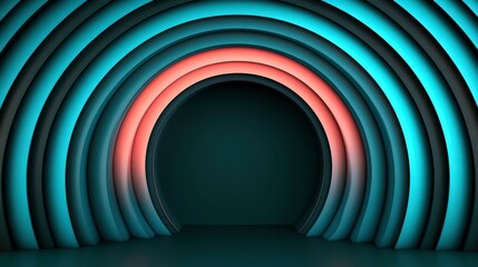A stylized archway with layered curves in blue, orange, and black, creating a modern backdrop.