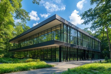 Obraz premium Modern Glass Office Building Surrounded by Lush Greenery and Blue Sky on a Sunny Day