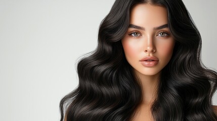 Fototapeta premium A beautiful brunette exudes elegance with her long, lustrous hair cascading over her shoulders. Her captivating gaze and flawless skin enhance the serene atmosphere, highlighting her natural charm