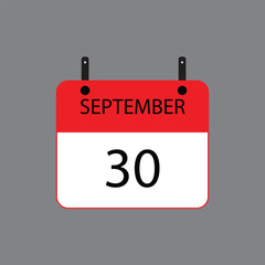 Calendar icon with September 30 date on grey background. Vector schedule symbol.