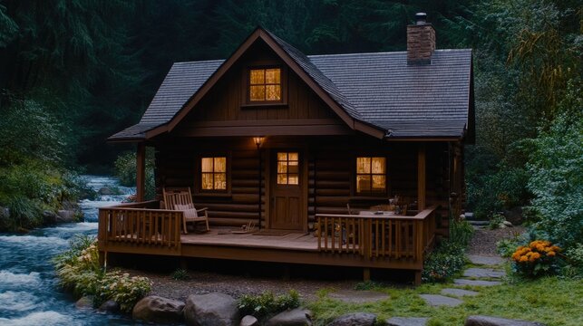 Charming log cabin next to a rushing river in a tranquil forest setting, illuminated softly by the evening light