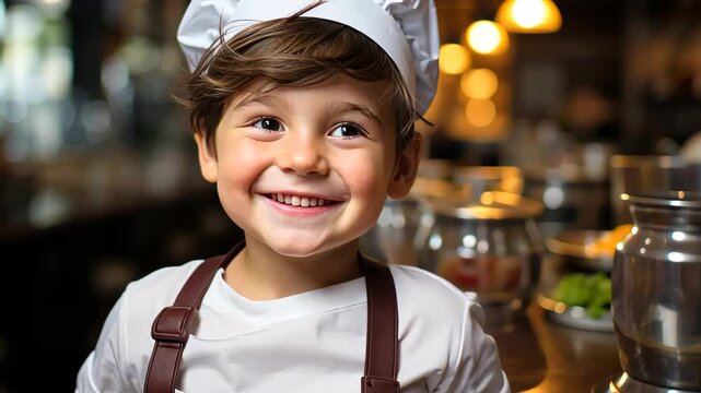 Happy kid wear chef costume and smile in dream job.