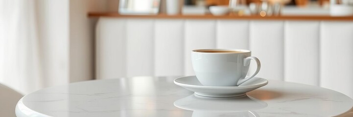 Fototapeta premium White coffee cup on a wooden table in a sophisticated lounge bar with ample copy space for text or design, text, copy space