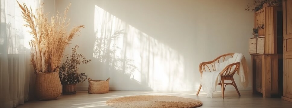 Spacious bright rustic room with wicker chair, wicker baskets, soft sunlight, long shadows on the wall