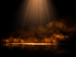 Obraz premium A dramatic golden spotlight illuminates a dark stage surrounded by a smoky warm, ethereal glow, creating a mystical and elegant atmosphere with subtle reflections.