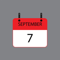 Calendar icon with September 7 date on grey background. Vector schedule symbol.