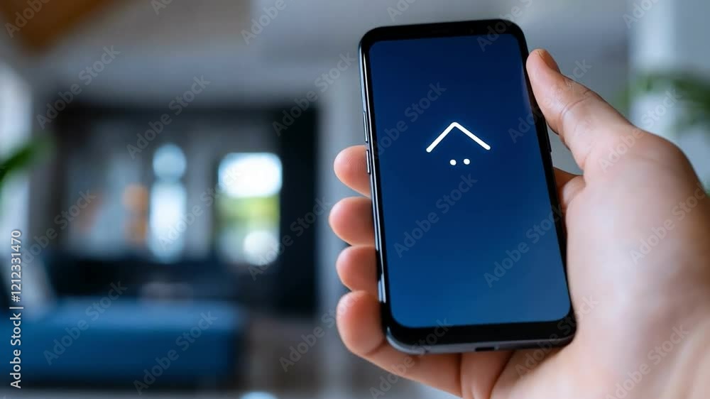 Poster a hand holding a smartphone displaying a home automation interface indoors.