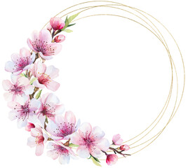 Frame with watercolor pink cherry flowers and green leaves, wedding sakura isolated illustration