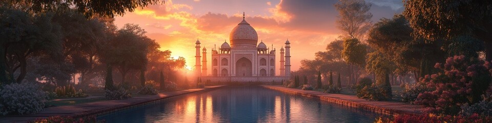 Obraz premium Taj Mahal at dawn, vibrant gardens, serene reflecting pools, low poly style, enchanting atmosphere, captivating beauty, architectural marvel