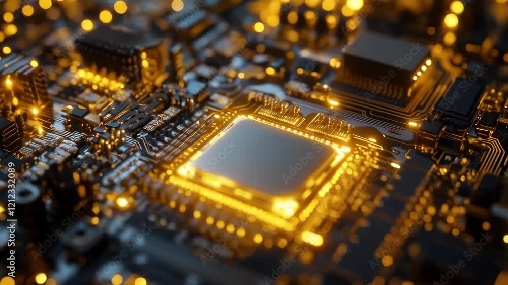 Poster glowing microchip circuit board with dynamic golden lights