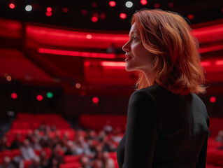  The speaker on stage is a female corporate CEO with shoulder-length red hair.