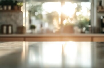  Close-up of an empty kitchen countertop with sunlight streaming through the window, creating a bokeh effect and a blurred background with a warm, inviting glow.
