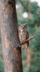 Obraz premium Owl rests on a branch, surveying its surroundings in Alaska's river valley under a cloudy sky, showcasing beautiful feather details