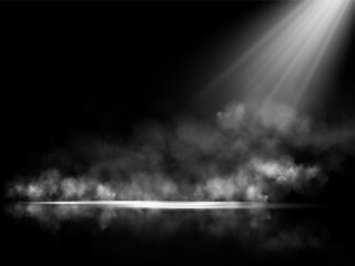 A dramatic white spotlight illuminates a dark stage, surrounded by soft mist and subtle reflections, creating a mysterious and ethereal atmosphere with a monochrome contrast.