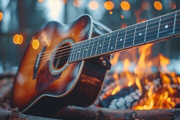 Obraz premium Strumming a guitar by a warm campfire in a tranquil forest setting during dusk