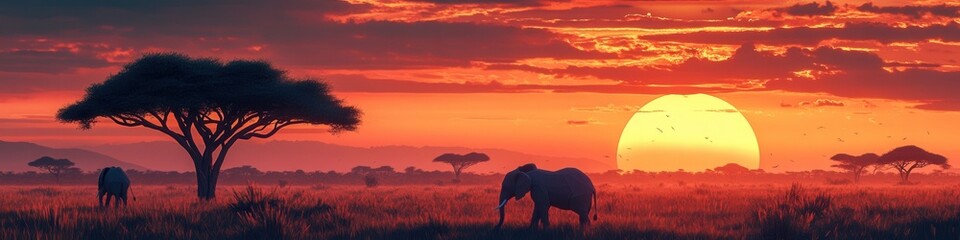 Fototapeta premium Kenyan savannah at sunset, elephants grazing peacefully, acacia trees silhouetted against a vibrant sky, tranquil and harmonious scene