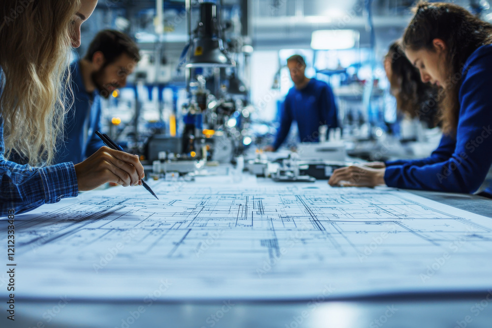 Poster engineers collaborate on technical blueprint in a high-tech laboratory showcasing innovation and tea