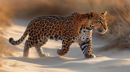 Obraz premium Arabian leopard walks down a dusty path in the desert