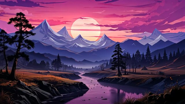 Beautiful pastel purple mountain and forest background.