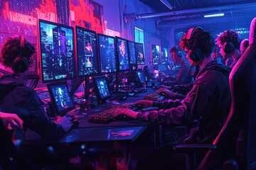 Obraz premium Team of gamers collaborates in competitive e-sports setting surrounded by advanced technology and vibrant visuals