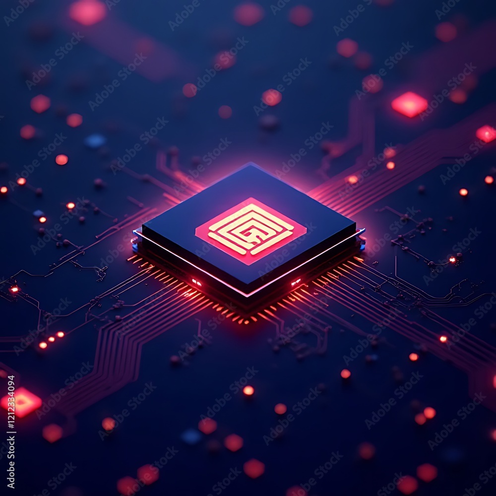 Poster cybernetic core: glowing red and pink circuit board with a central processing unit, showcasing advan
