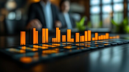 Businesspeople reviewing glowing financial data.