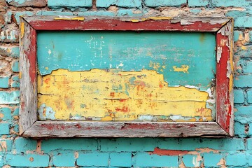 Naklejka premium Peeling Paint on a Rusty Metal Frame Against a Brick Wall