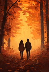 Fototapeta premium Couple Holding Hands Walking Autumn Forest Path