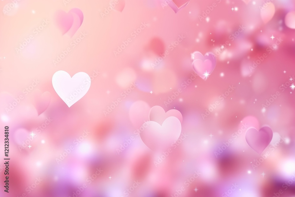 Poster romantic background featuring multiple pink hearts floating against a soft, blurred backdrop with sp