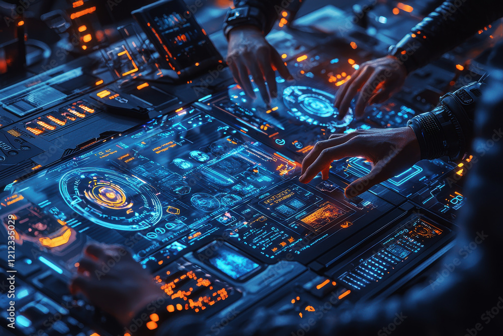 Poster collaboration of professionals on a holographic display in a high-tech office environment promoting 