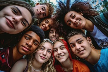 Obraz premium Vibrant multicultural friends enjoying weekend outdoors in the city.