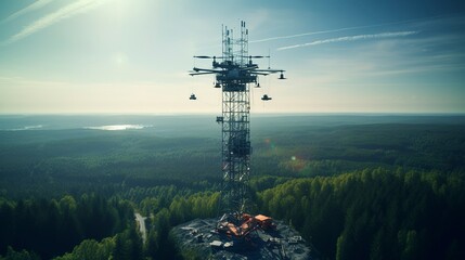 Obraz premium A photo of a drone inspecting a communication tower