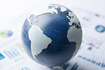 A blue and white globe rests on a surface covered with business charts and graphs, symbolizing global economics and data analysis.